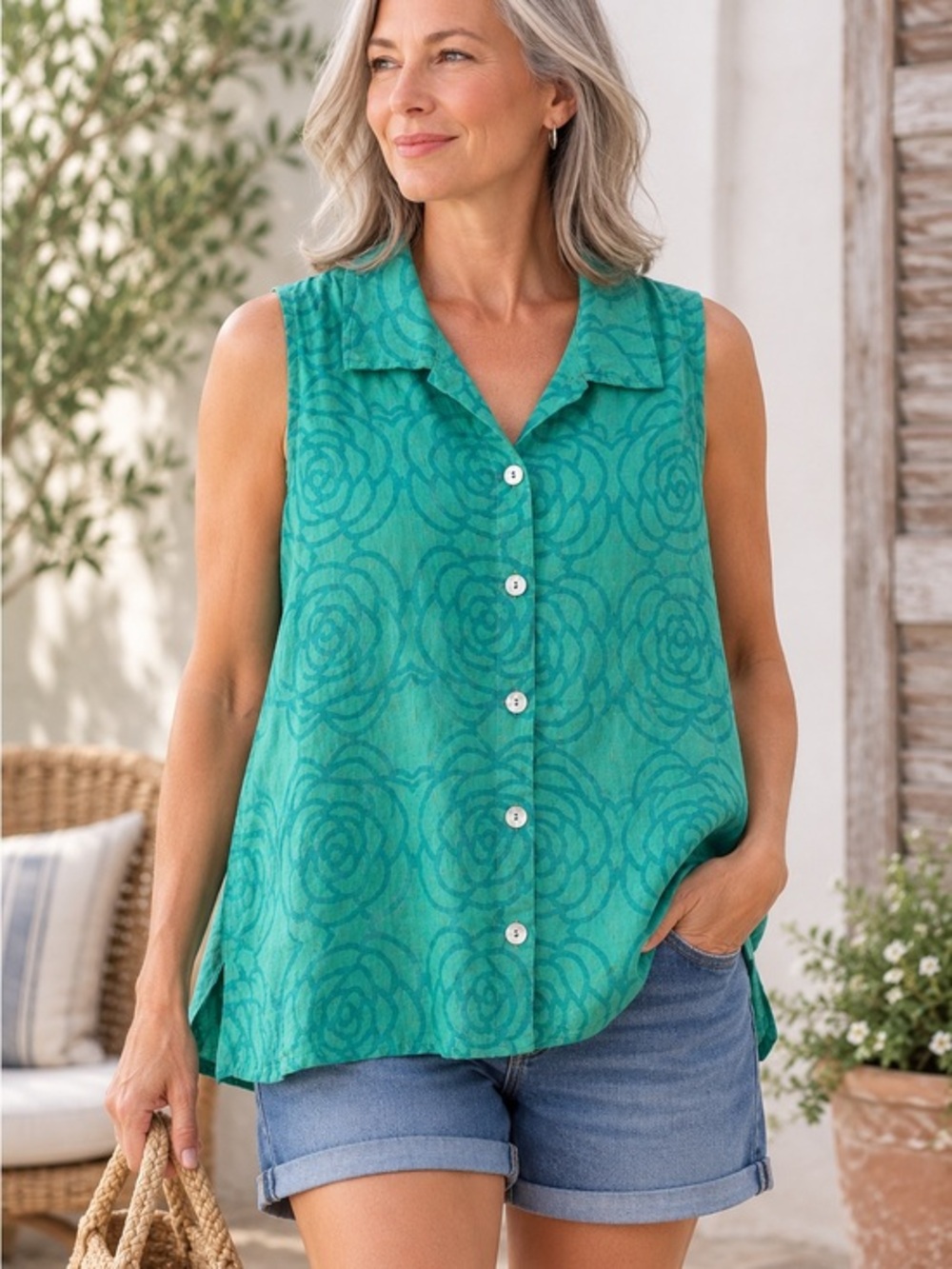 FLAX Green Teal Rose Motif 100% Linen Sleeveless Button Front Top EUC M #2672